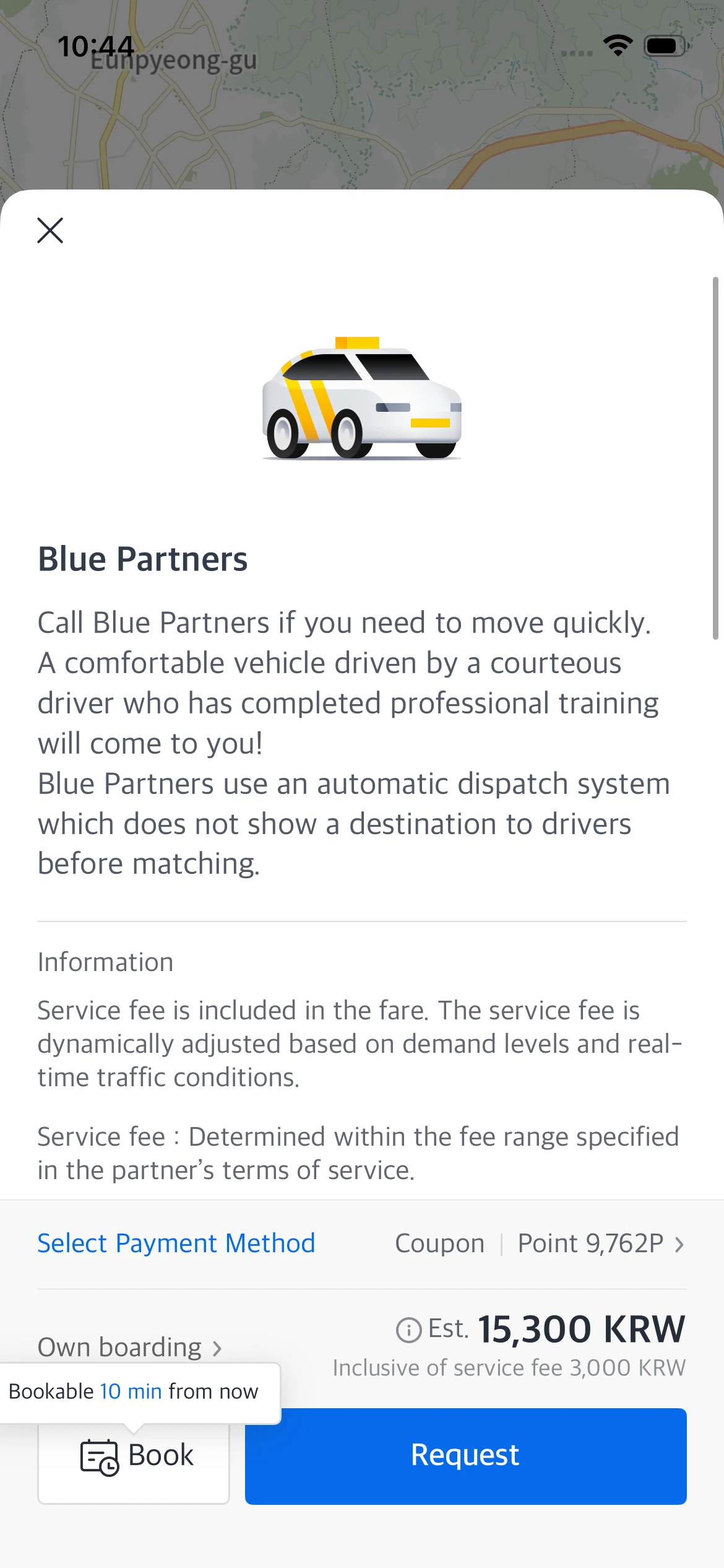 Blue Partners taxi booking app showing fare estimate and service details for Korea ride-sharing