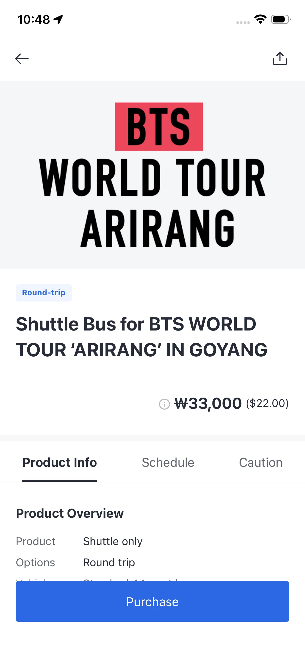 Screenshot of shuttle bus booking page for BTS World Tour showing event transportation options in Korea