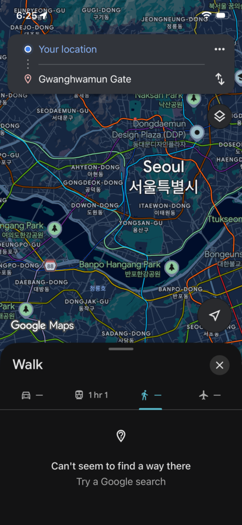 Google Maps showing walking directions to Gwanghwamun Gate in Seoul with a 1 hour 1 minute estimated travel time from current location.