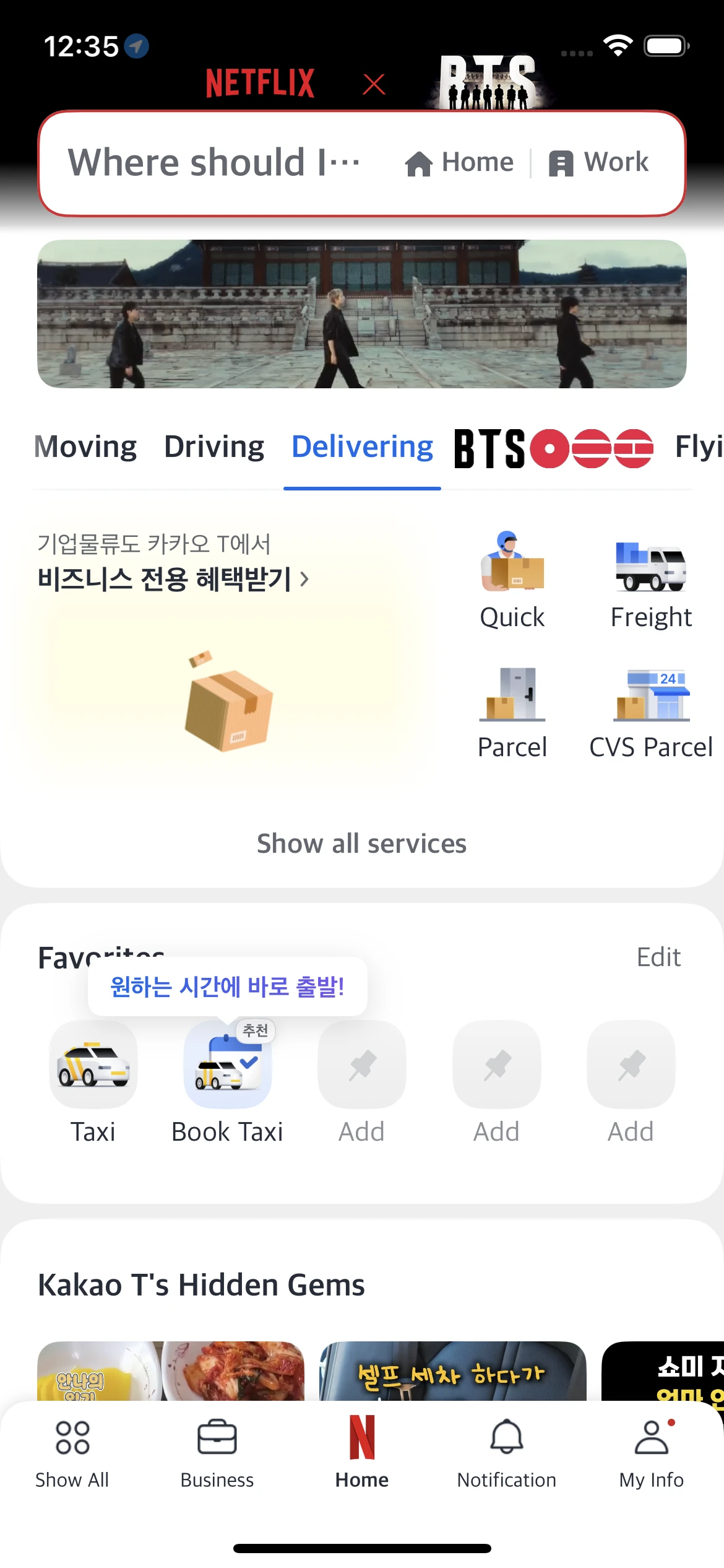 Kakao Map app interface showing delivery and logistics service options including quick delivery, freight, parcel, and CVS parcel services in South Korea