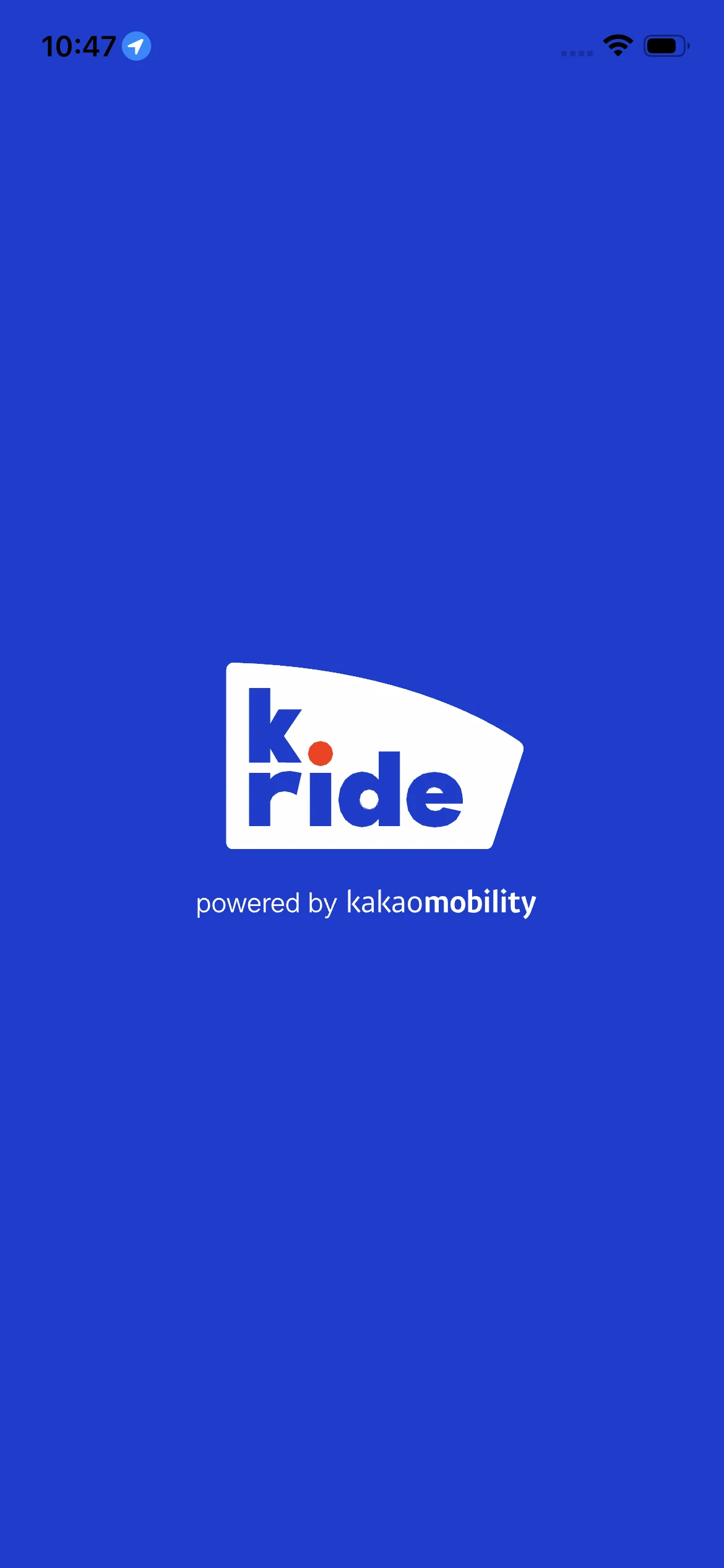 k.ride app korea splash screen showing the logo powered by Kakao Mobility on blue background