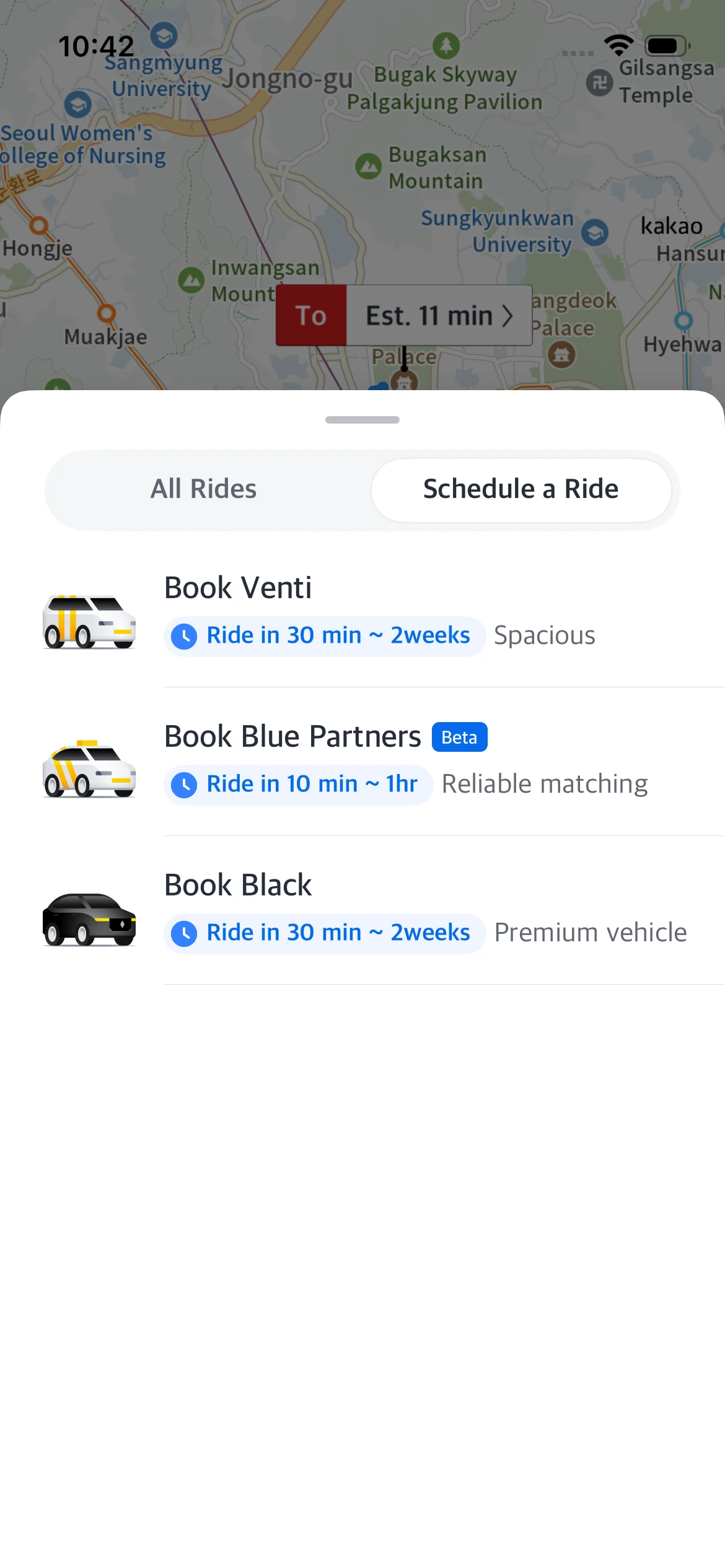 Kakao Taxi booking interface showing three service options with wait times in Seoul