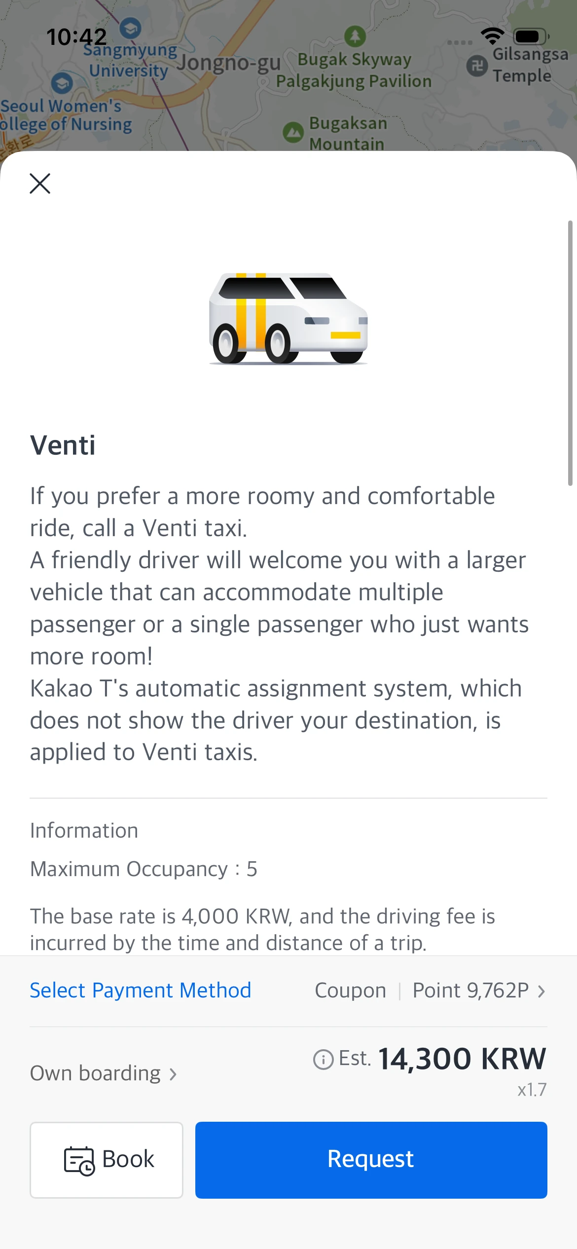 Blue Partners taxi booking screen showing service details and pricing in Seoul