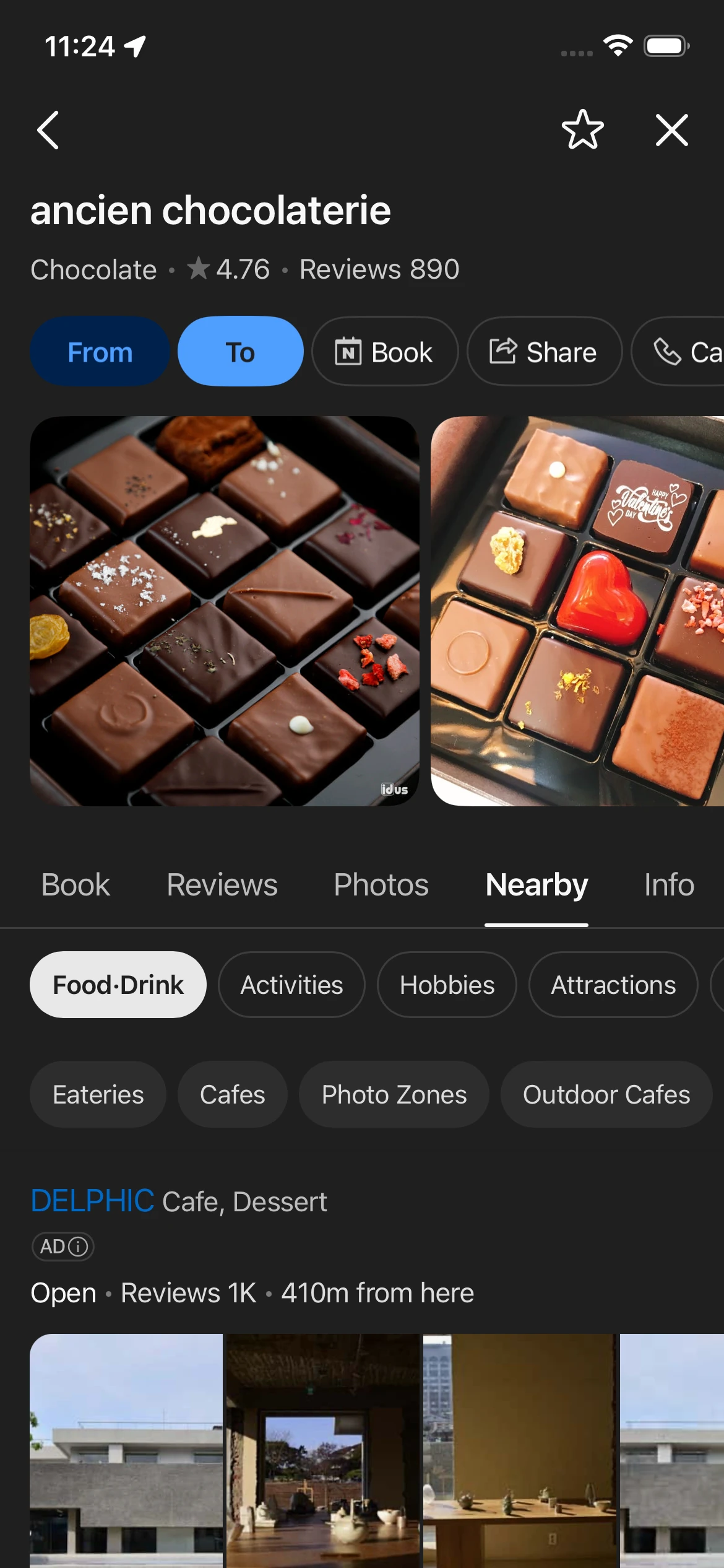 Naver Map showing Ancien Chocolaterie with verified reviews and nearby recommendations for Korea food trip planning