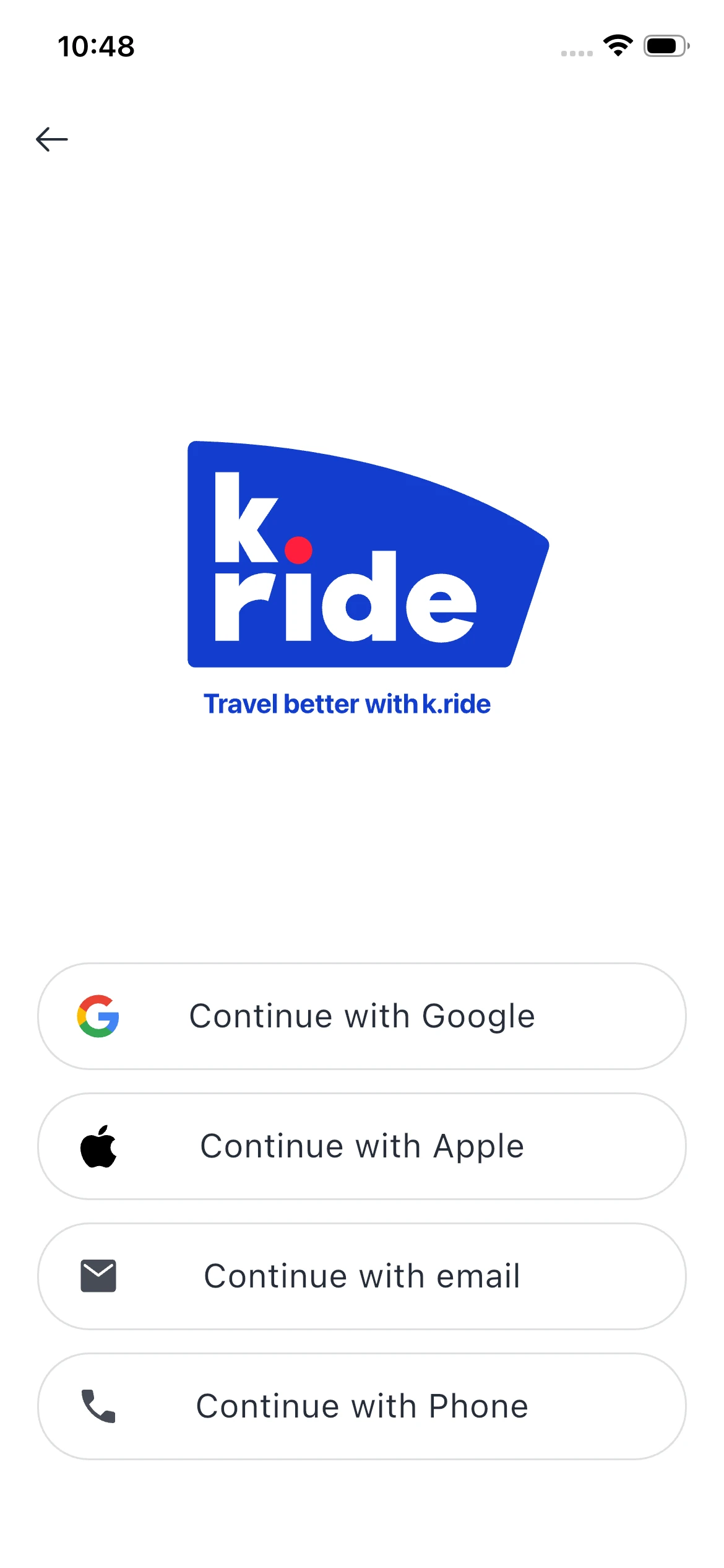 k.ride Korean transportation app login screen showing how to book taxi in Korea with sign-in options for Google Apple email and phone