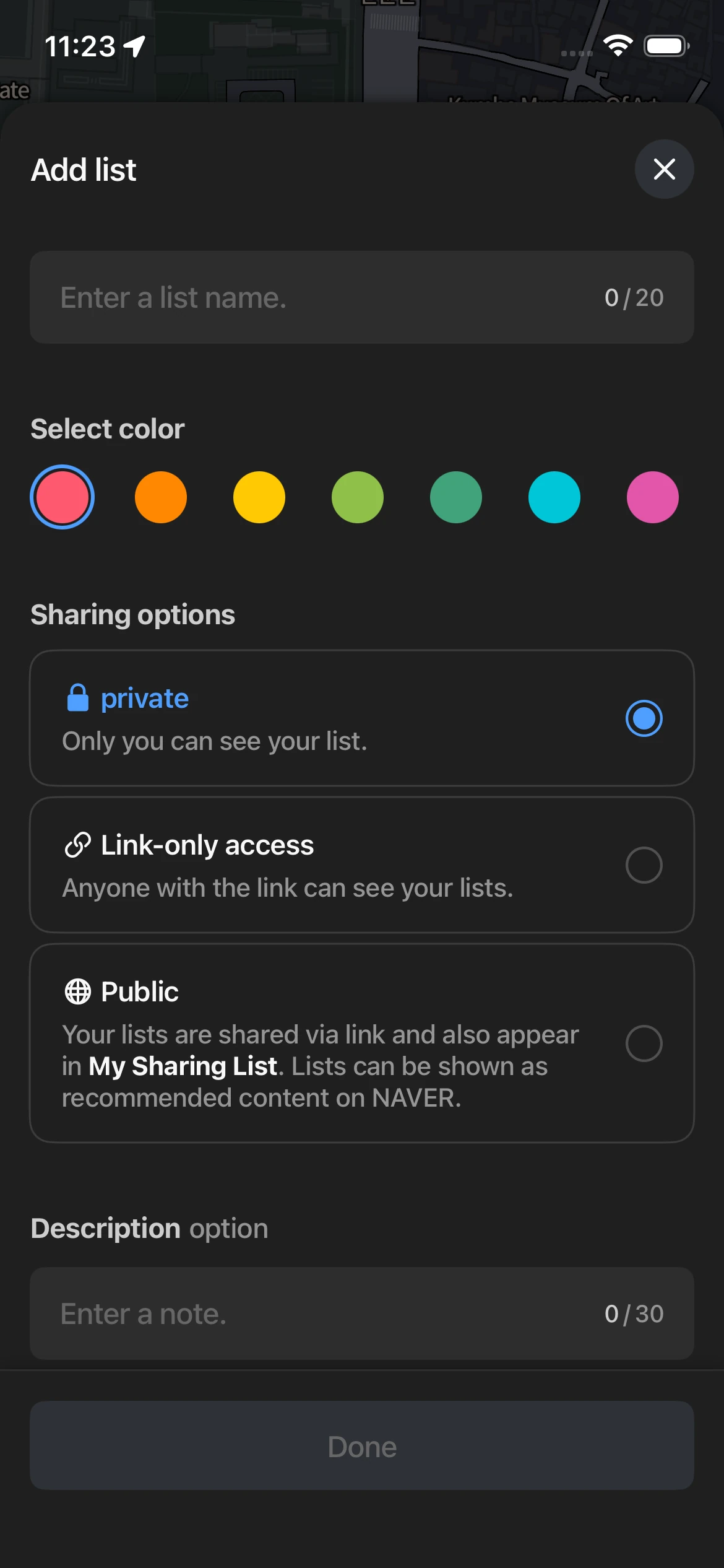 Naver Map create list dialog showing color options and privacy settings for travel folder organization