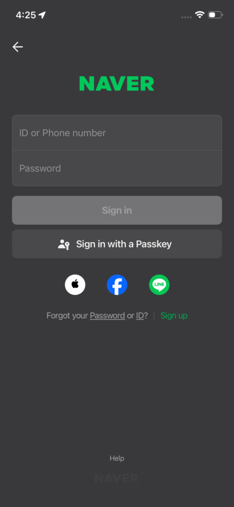 Naver login page with ID or phone number and password fields, showing sign-in options including passkey, Apple, Facebook, and LINE authentication methods.
