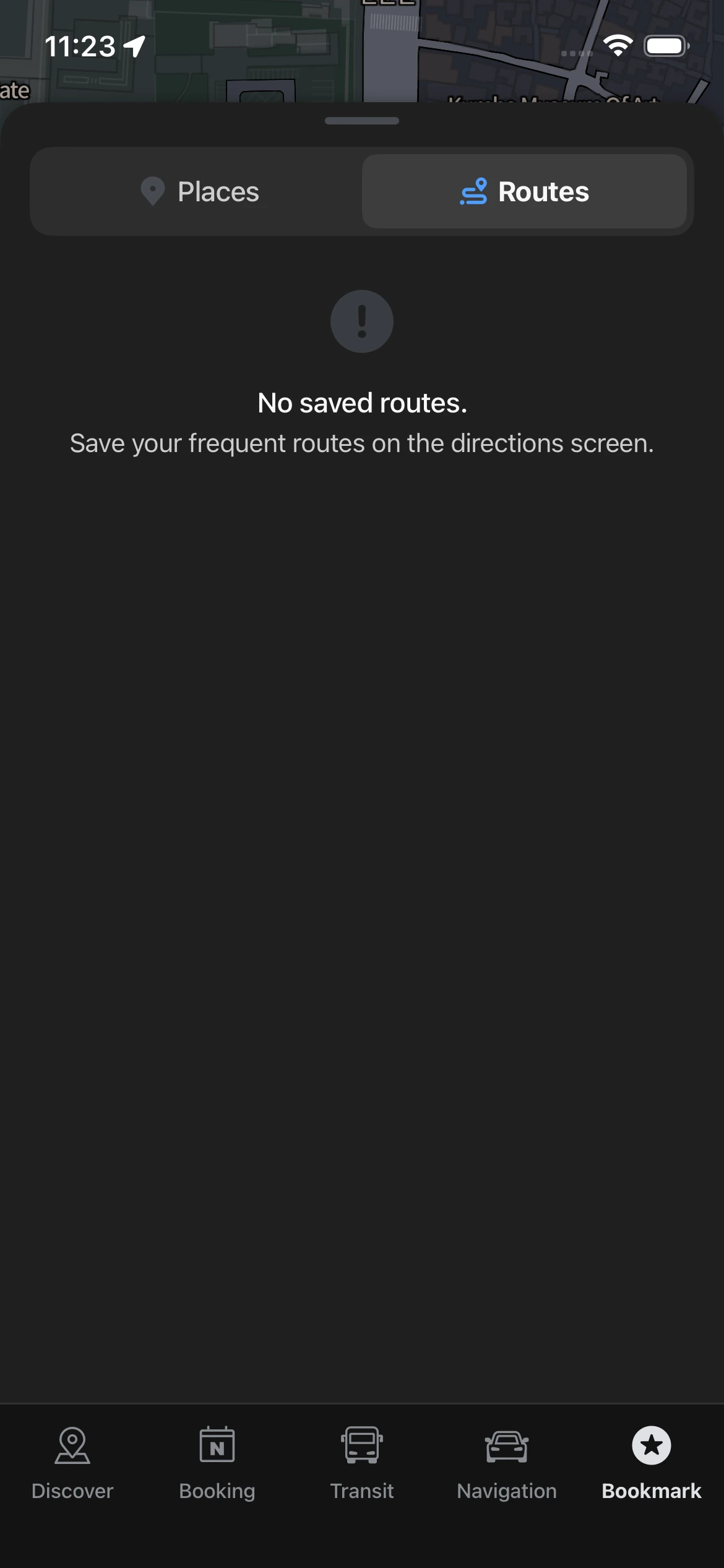 Naver Map routes tab showing empty saved routes screen ready for Korea travel route planning