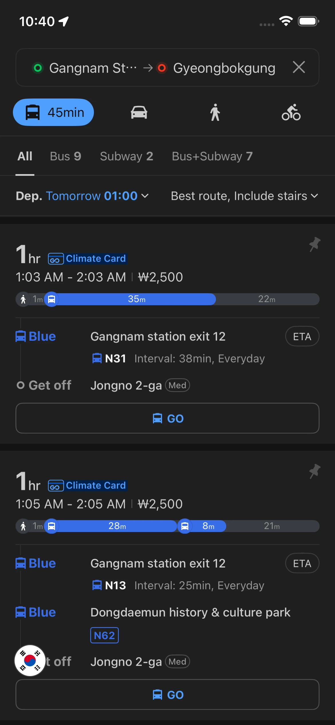 Naver Map app showing bus route directions from Gangnam Station to Gyeongbokgung with travel time and fare information for Seoul transportation.