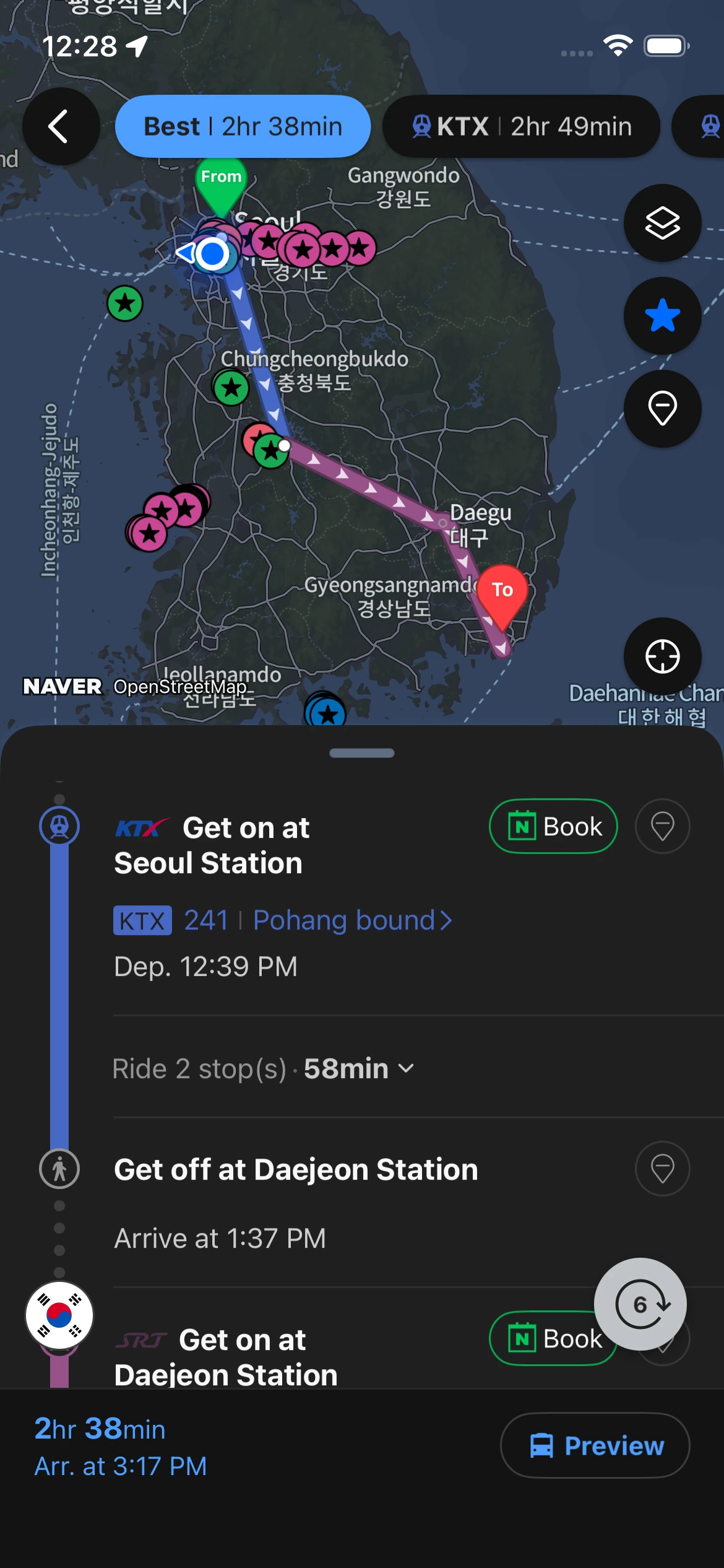 NAVER map app showing KTX train route from Seoul Station to Daegu with trip duration of 2 hours 38 minutes and booking options