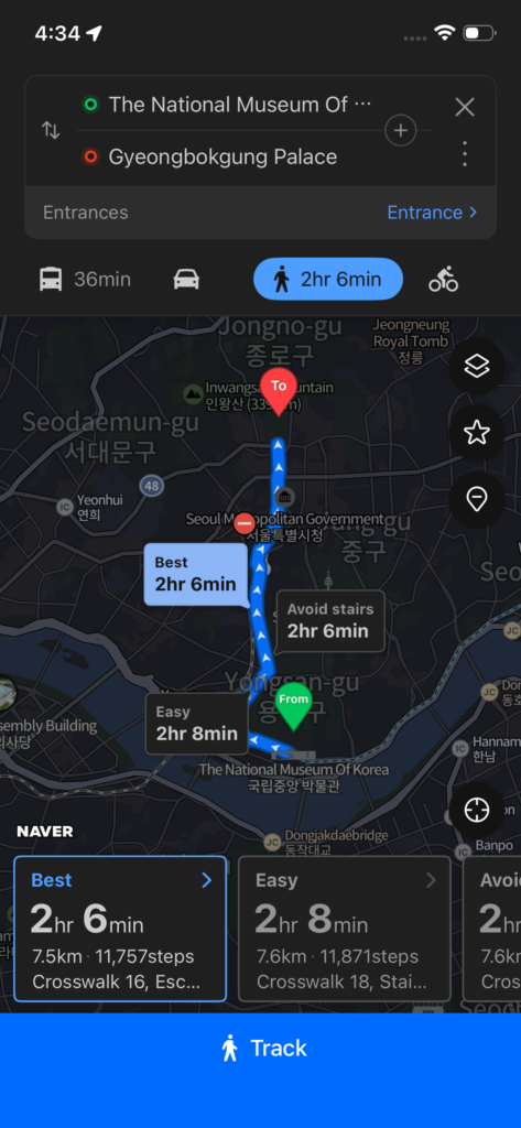 NAVER map app showing walking directions from The National Museum of Korea to Gyeongbokgung Palace with three route options displaying 2 hours 6 minutes as the best route.
