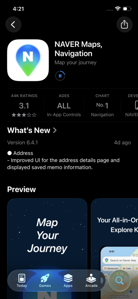 NAVER Maps Navigation app store listing showing 3.1 star rating, version 6.4.1 update with improved address details UI, and preview of the map interface for Korean travel navigation.