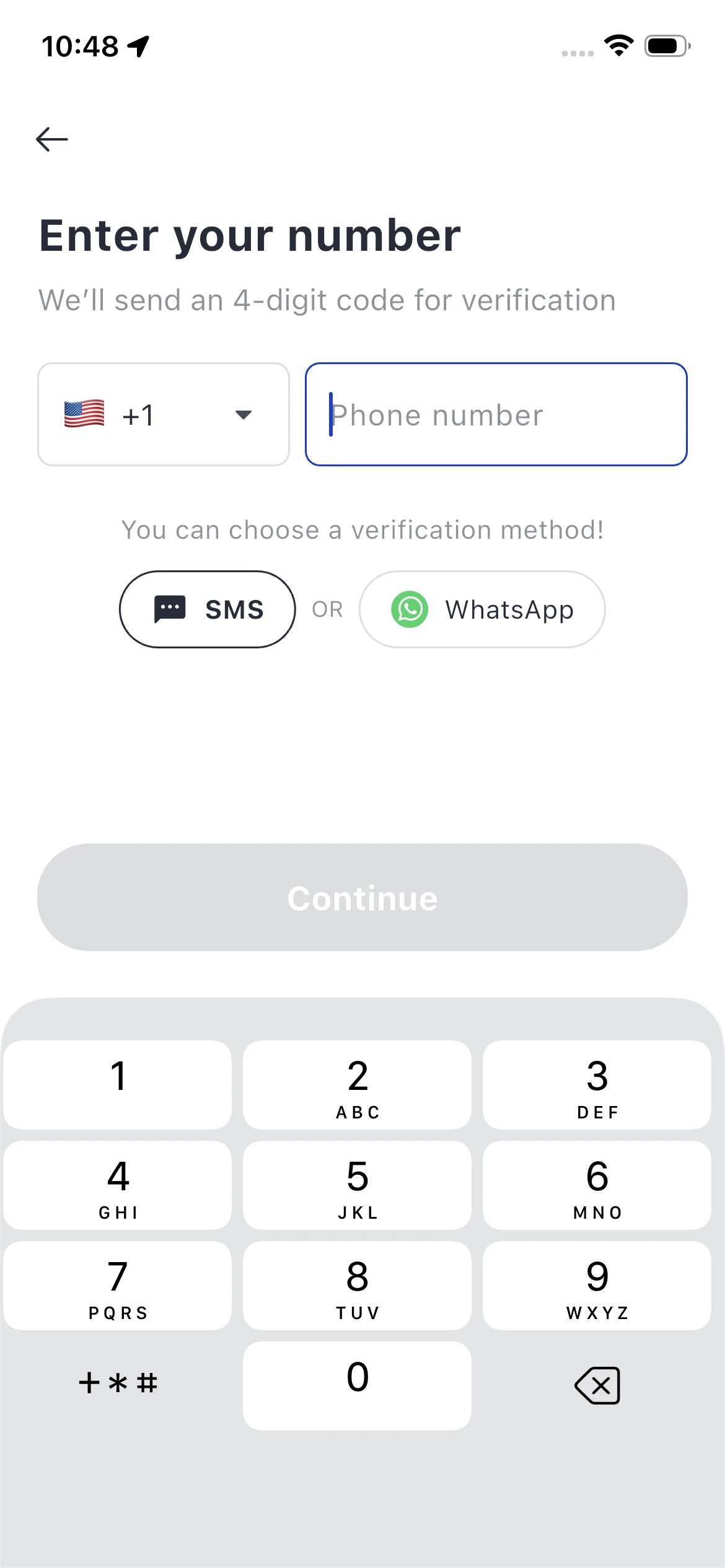 Phone number verification screen with SMS and WhatsApp options for taxi app korea without korean number