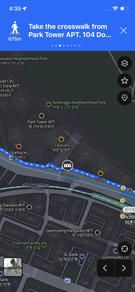 Google Maps screenshot showing Seoul Line 4 subway station with nearby landmarks including Park Tower APT and Seobinggo Neighborhood Park for navigation directions.