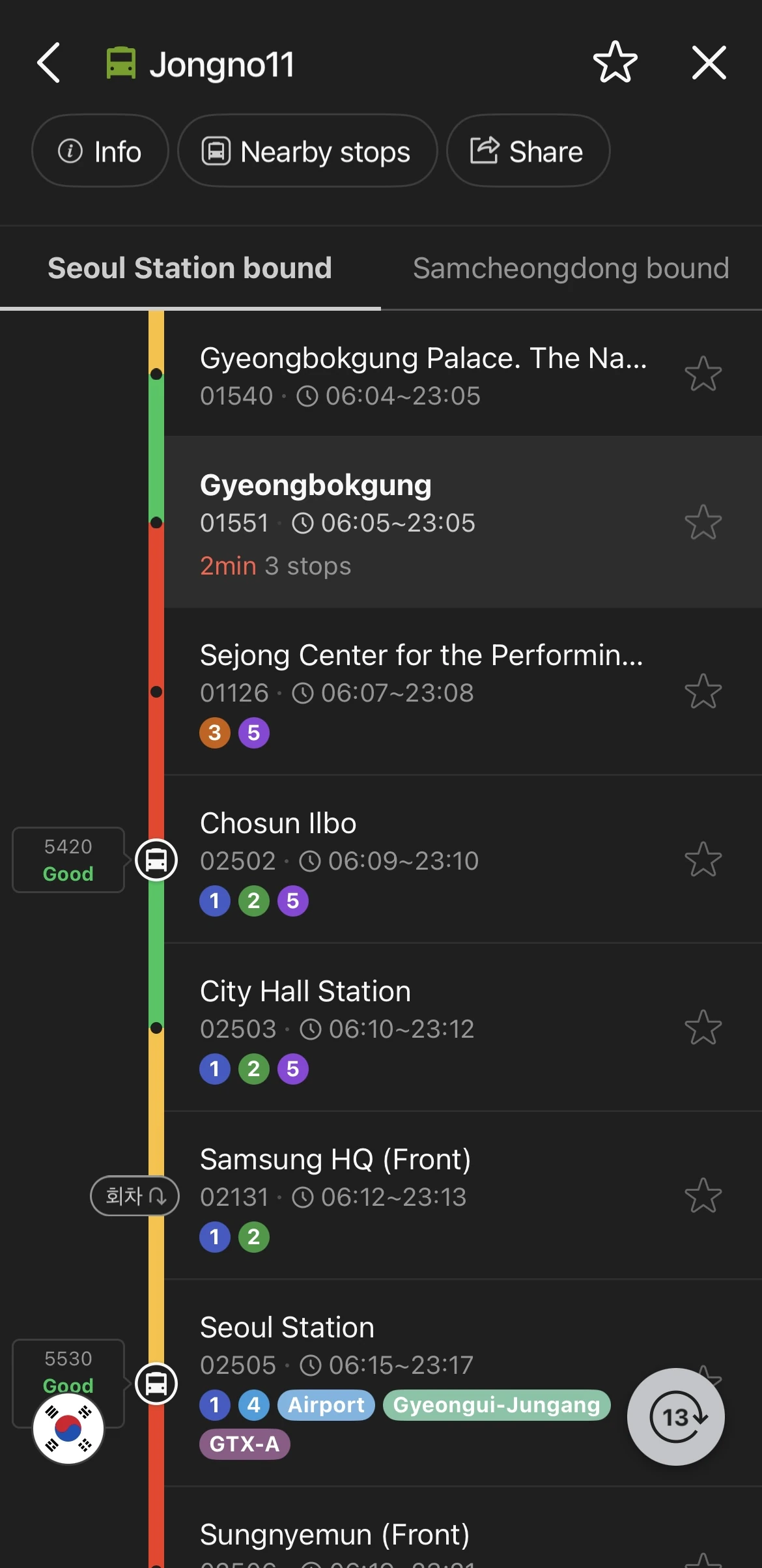 Seoul subway line 11 (Jongno11) station list showing stops from Seoul Station to Samcheongdong with operating hours and transfer information.