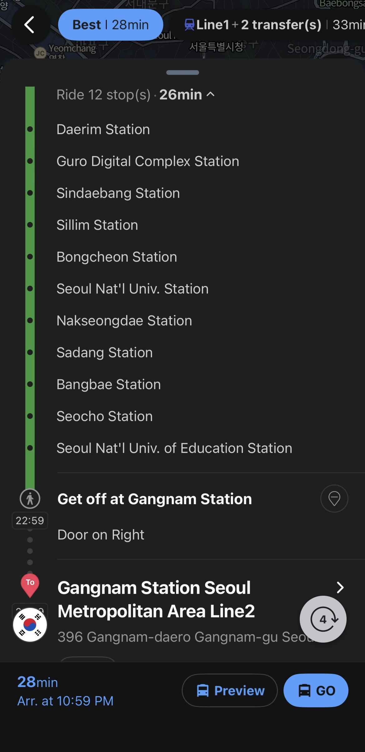 Seoul subway directions showing Line 2 route to Gangnam Station with 12 stops listed and 28-minute travel time